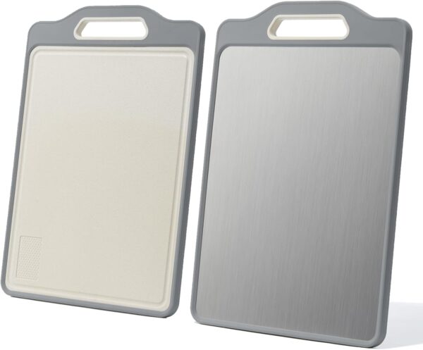 Stainless Steel & Wheat Straw Double Sided Cutting Board, 16"L x 11"W, Rectangular, Gray, Laminated, Easy to Clean, With Juice Trough & Handle, For Meat, Fish, Vegetables & Fruits
