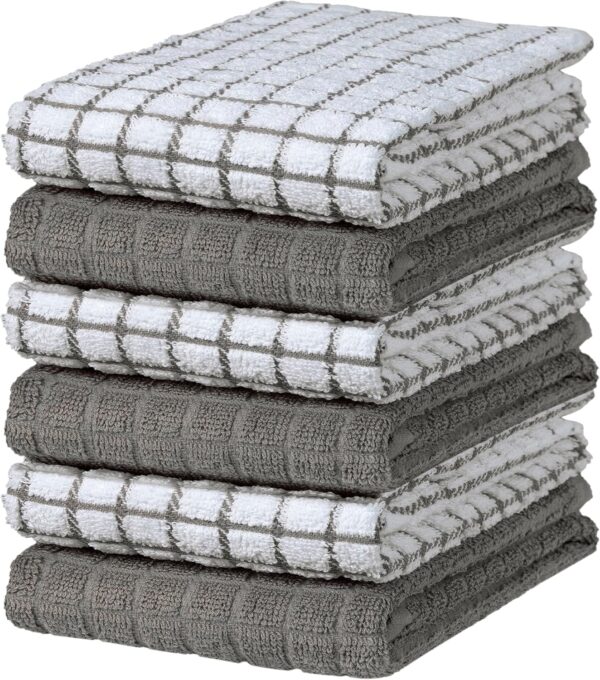 6 Pack Large Kitchen Towel Set / 16" x 28" / 3 Check Design + 3 Solid Color/Yarn Dyed Cotton Hand Towels/Coordinating Tea Towel Sets/Long Lasting Grey