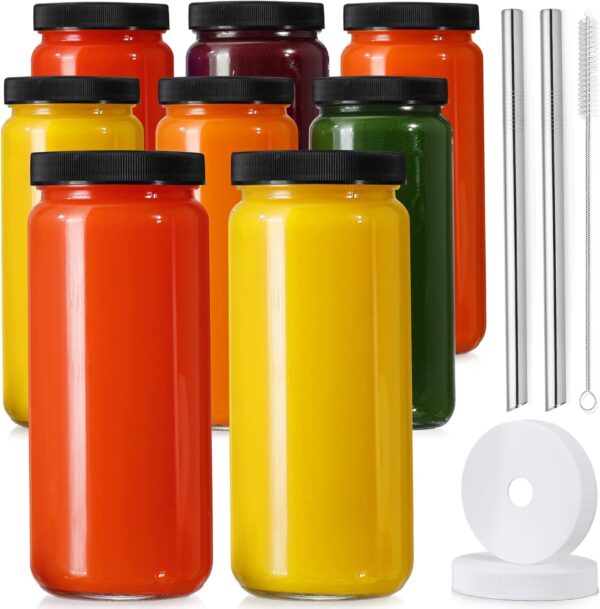 [ 8 Pack ] Glass Juicing Bottles with 2 Straws & 2 Lids w Hole- 16 OZ Travel Drinking Jars, Water Cups with Black Airtight Lids, Reusable Tall Mason Jar for Juice, Boba, Smoothie, Tea, Kombucha