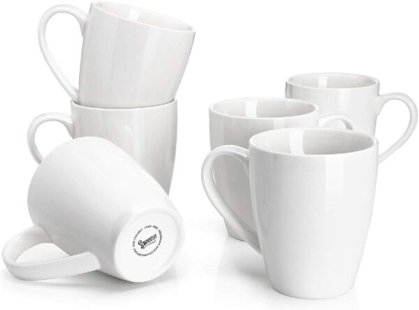 Sweese Porcelain Coffee Mugs - 16 Ounce - Set of 6, Cups for Latte, Hot Tea, Cappuccino, Mocha, Cocoa, White