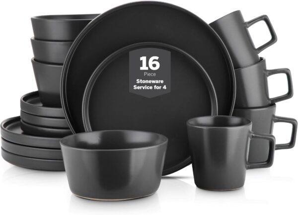 Stone Lain Coupe Dinnerware Set,16 Piece, Service for 4, Black Matte