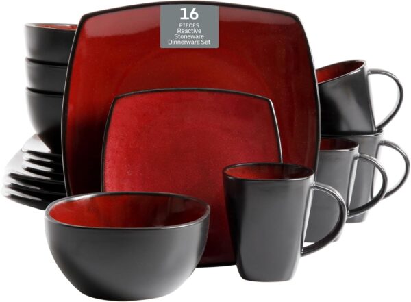 Gibson Soho Lounge 16-Piece Square Reactive Glaze Dinnerware Set, Red