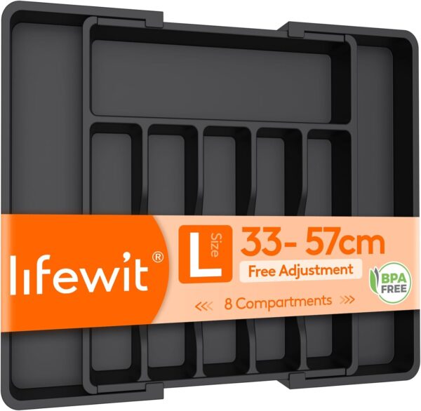 Lifewit Cutlery Drawer Organiser, Expandable Utensil Tray for Kitchen, Adjustable Silverware and Flatware Holder, Compact Plastic Storage for Spoons Forks Knives, Large, Black