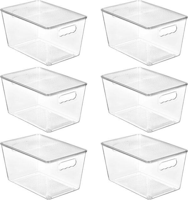 Vtopmart Clear Plastic Storage Bins, 6 PCS Pantry Organizer Bins with Handle for Refrigerator, Fridge, Cabinet, Kitchen, Countertops, Cupboard, Freezer Organization, with Lids, L
