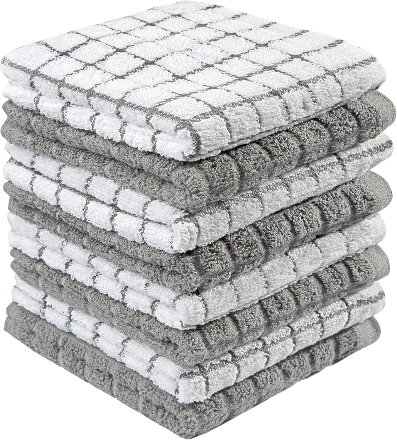 Bumble Premium Cotton Dish Cloths (12" x 12") Grey Check Design | Highly Absorbent | Natural Ring Spun Cotton | Kitchen Dish Towel Set | 380 GSM - 8 Pack