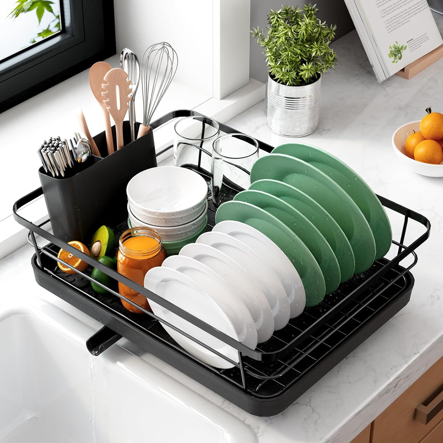 Kitsure Dish Drying Rack for Kitchen Counter - Space-Saving Stainless Steel Dish Drainer with Cutlery Holder, Kitchen Storage & Organisation, 30.5 x 38.1 x 12.7 cm, Black