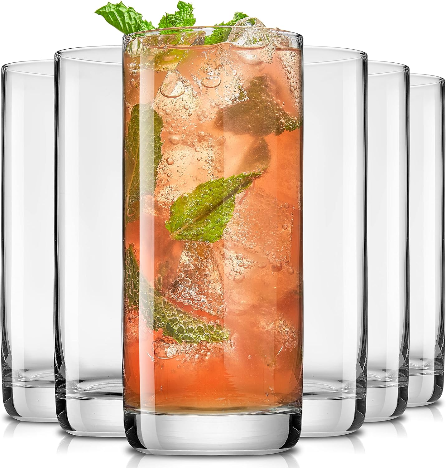 JoyJolt Faye 13oz Highball Glasses, 6pc Tall Glass Sets. Lead-Free Crystal Glass Drinking Glasses. Water Glasses, Mojito Glass Cups, Tom Collins Bar Glassware, and Mixed Drink Cocktail Glass Set