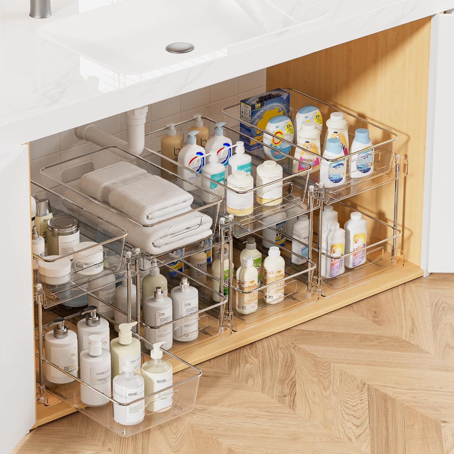 Vtopmart 4 Pack Bathroom Organizer, 2 Tier Clear Under Sink Vanity Countertop Storage Container, Cabinet Drawers Bins, Pull-Out Organization with Track for Pantry, Kitchen