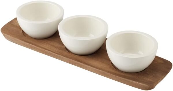 Artesano Original 4pc Dip Bowl Set | Fine porcelain bowls on an acacia wood tray, ideal for dips, sauces and olives