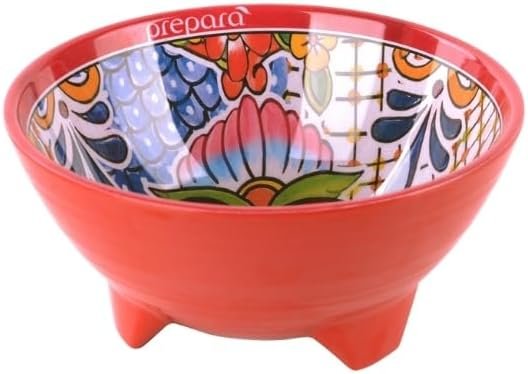 Taco Party Bowl 6" - Red | Decorative Pattern Design | Ceramic Look Durable Melamine | Perfect for Chips, Dips, Sides & Toppings | Dishwasher Safe