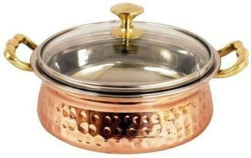 Serveware Karahi Vegetable Dinner Bowl with Solid Brass Handle for Food Serving Bowls for Cereal, Soup, Cooked Food Party Serve Ware, Serving Dishes Copper, Steel Handi kadai Set (15 cm) (Handi With L