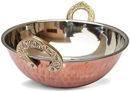 1 Piece Indian Copper Serveware Bowl with Solid Brass Handle for Indian Food Serving Bowls for Cereal, Soup, Cooked Food Party Serve Ware, Serving Dishes Copper Steel kadai Set (15 cm)