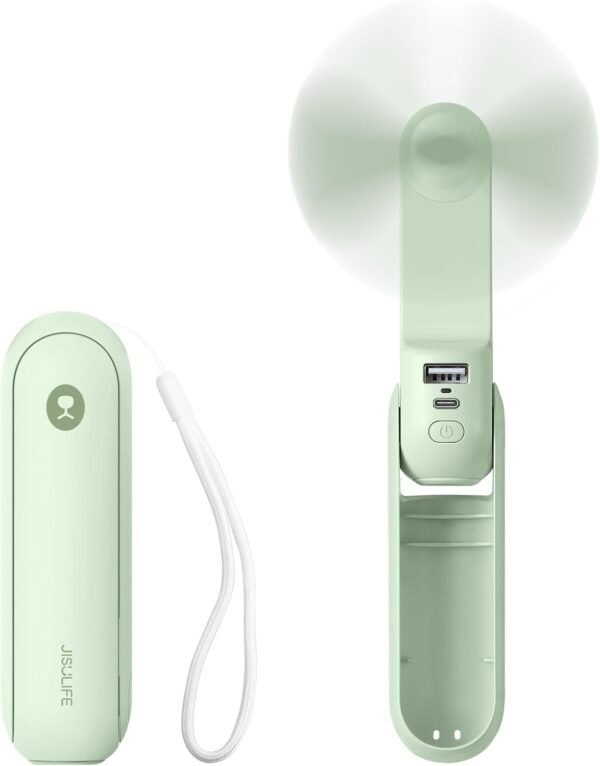 Portable Handheld Fan, 3 In 1-Fan, Power Bank, Flashlight, Green | Mini Cooling Essential for Outdoor, Small, On-the-Go Pocket Hand Design, 19 Hours, Auto Shut-Off Safety Soft Blade