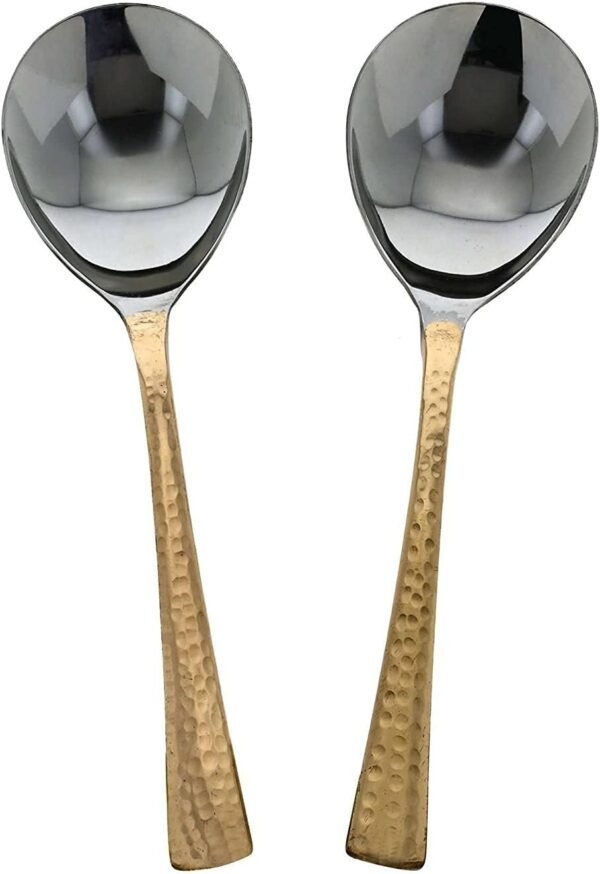 Set of 2 Serving Spoons Indian Dinnerware Serveware Stainless Steel Copper Handle Tableware, Buffet Serving, Length 8.00 Inches, Copper Dinnerware Accessories