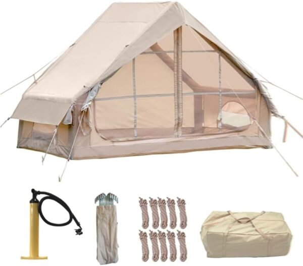 Glamping Tent with Pump, 4-6 Person Waterproof Air Tent for Camping, 4-Season Easy Setup Outdoor Pavilion with 12 Mesh Windows, Family Cabin Canvas for Backyard & Travel