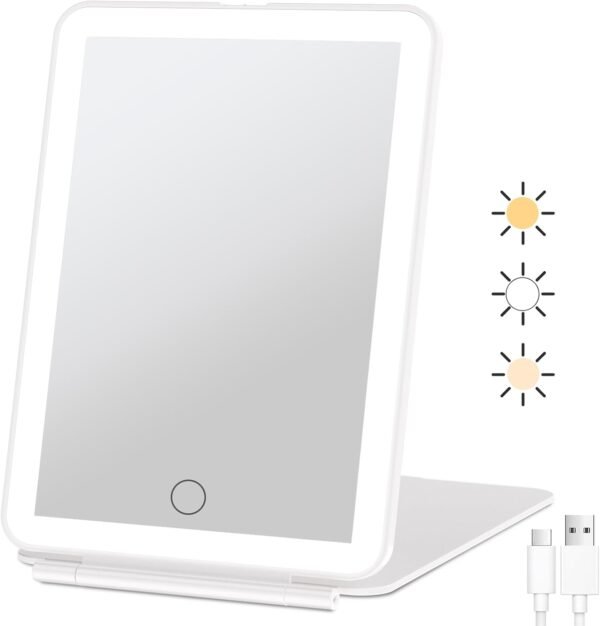Rechargeable Travel Makeup Vanity Mirror with 72 Led Lights, Portable Lighted Makeup Beauty Mirror, 3 Color Lighting, Dimmable Touch Screen, Tabletop LED Folding Cosmetic Mirror with Lights | Travel m