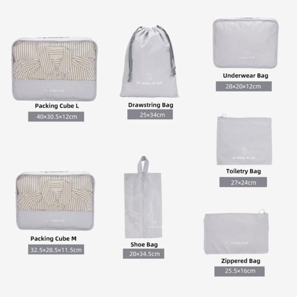 Packing Cubes Set 7pcs, CACATUA Multifunctional Travel Packing Cubes Set with 3 Clothing Sorting Packages/ 1 Waterproof Toiletry Cosmetic Bag/ 1 for Shoes/ 1 for Laungry/ 1 Zippered bag(Gray)