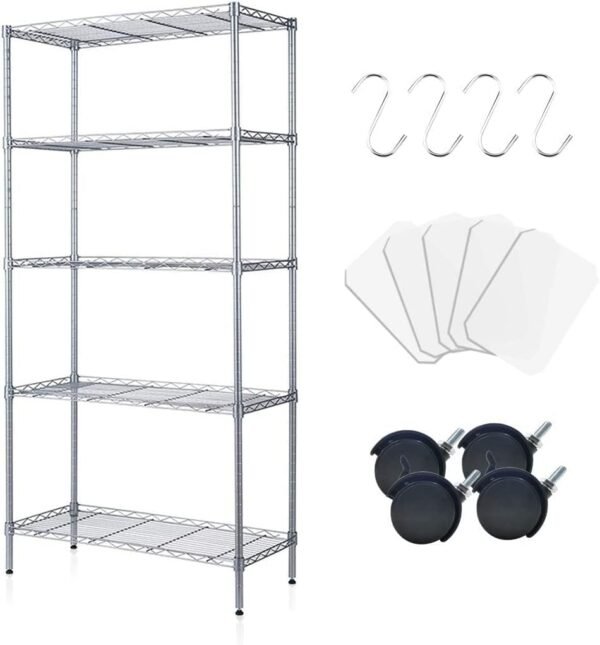 5 Tier Shelving Unit Adjustable Wire Shelves Organizer Shelf Rack Heavy Duty Storage Unit Metal Storage Rack Durable Organizer (Silver)