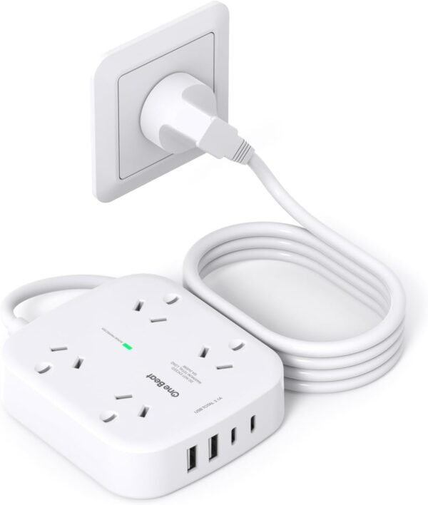 Beat Surge Protected Power Board with 4 AC Outlets & 4 USB Ports (2×USB-C), 1.5M Extension Cord, AU Standard Travel Power Strip for Office, Dorm, Home Essentials