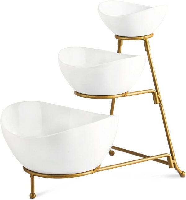 3 Tier Serving Stand Oval Serving Bowl with Metal Rack, Tied Serving Tray Food Display Dessert Appetizer, Serving Bowl Fruit Chip Dip Bowl Set for Parties, Gold | Chip and Dip Serving Bowl Set for Par