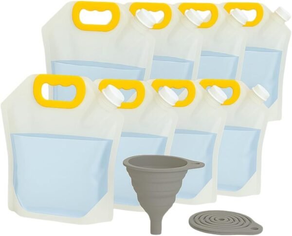 Collapsible Water Bag 5L, BPA Free Water Storage container, Portable, Foldable, camping water bag, Hiking, Emergency and Travel, Silicone Funnel, 8-Pack