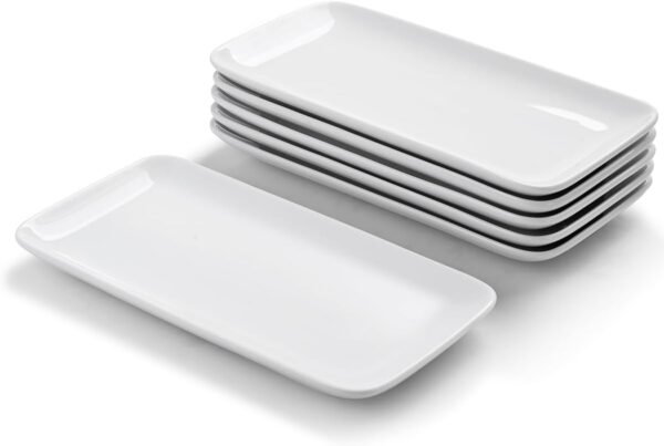 Ceramic Rectangle Plates Set of 6, White Serving Platters, 23.5 cm Small Serving Plates, Porcelain Party Plates for Appetizer, Dessert, Salad, Sushi, Snack, Cake