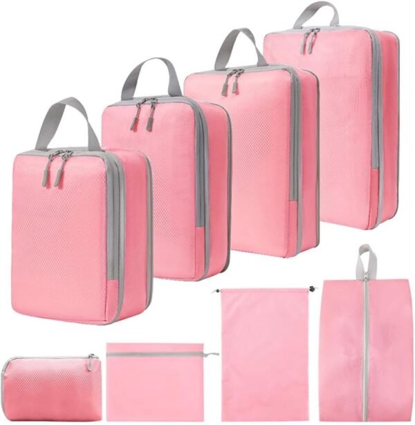 Packing Cubes Set of 8, Travel Storage Bag Organisers, Luggage Compression Bags with Handles. (Pink)