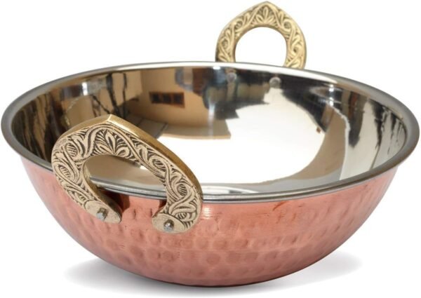 Serveware Karahi Vegetable Dinner Bowl with Solid Brass Handle for Food Serving Bowls for Cereal, Soup, Cooked Food Party Serve Ware, Serving Dishes Copper, Steel Handi (20 cm)
