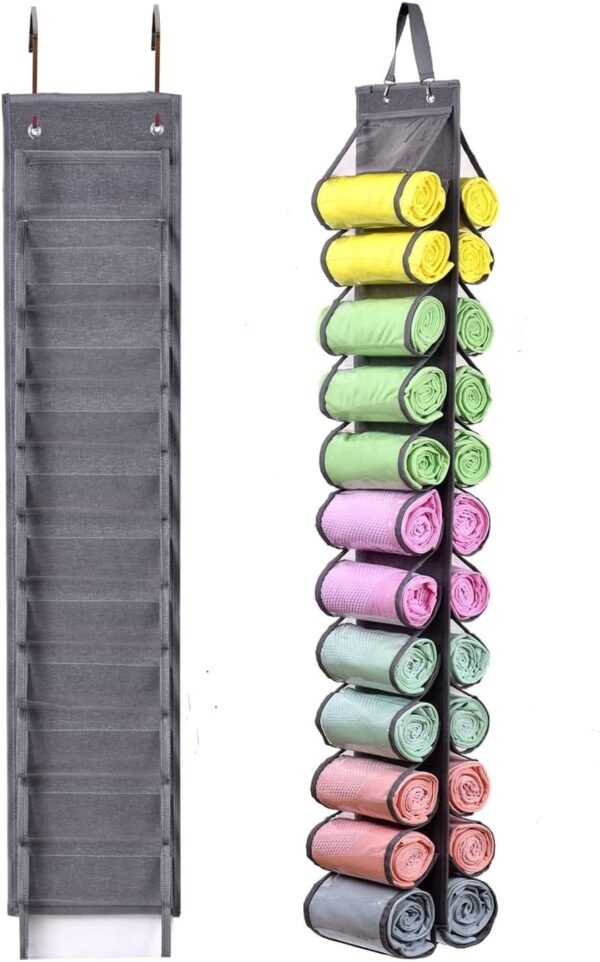 Foldable Leggings Organizer Clothes Portable Closets Roll Holder with 24-Compartment Storage Hanger for Leggings, Shirts, and Jeans