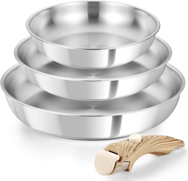 Stainless Steel Pan, 20cm & 24cm & 28cm Frying Pan Set, 18/10 Stainless Steel Pan Set with Stylish Removable Handles, Tri-Ply Steel Base, Save 75% Space, Induction Compatible Skillets