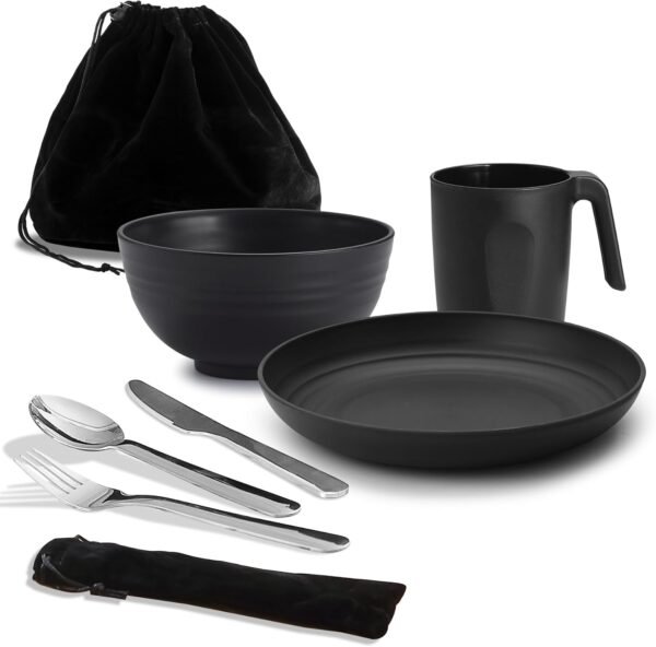 Camping Utensils, Reanea Camping Mess Kit for Travel, Camping, Picnic, Outdoor, Camping Gear Include Knife, Spoon, Fork Cutlery Set, Cup, Bowl, Plate, Camping Essentials for 1