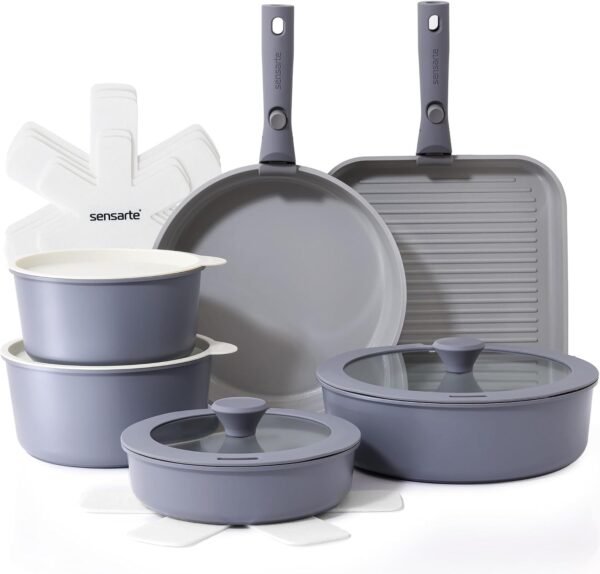 17PCS Ceramic Pots and Pans Set with Detachable Handle Cookware | Nonstick Induction Kitchen Cookware with Removable Handle, RV Cookware, Dishwasher＆Oven Safe, PFAS/PTFE/PFOA Free (Gray)