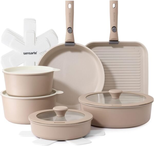 17PCS Ceramic Pots and Pans Set with Detachable Handle Cookware | Nonstick Induction Kitchen Cookware with Removable Handle, RV Cookware, Dishwasher＆Oven Safe, PFAS/PTFE/PFOA Free (Beige)