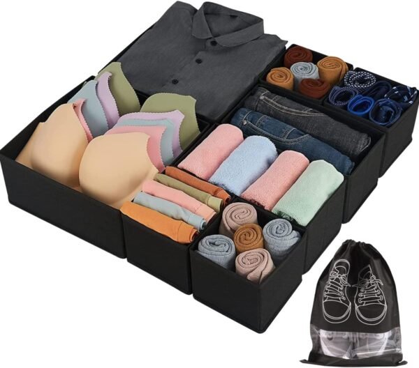 Clothes Drawer Organiser Set of 8 - Underwear/Bra/Sock Organiser with Bonus Shoe Bag - Versatile Organisers for Drawers - Tidy Storage Solution for Bedroom - Foldable Design - Black