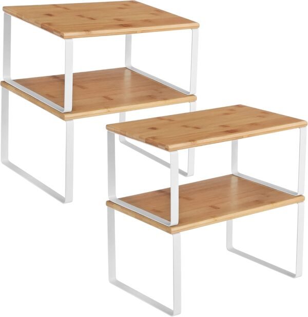 Spice Rack, Expandable Kitchen Organiser, Stackable | Set of 4 Kitchen Counter Shelves, Cabinet Shelf Organizers, Metal and Engineered Wood, White and Natural, Bystro KCS010N01