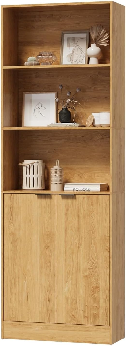 Tall Bookcase 2-Door Storage Cabinet Adjustable Shelves Natural | 172cm Height, 2-Door Cabinet, 3 Open Shelves, 10kg Capacity, Aluminium Handles, 12mm Particle Board, Paper Veneer
