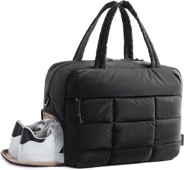 Puffer Travel Duffel Bag, Small Gym Bag for Women, Black | Water-resistant Weekender Bag with Shoe Compartment for Travel, Gym