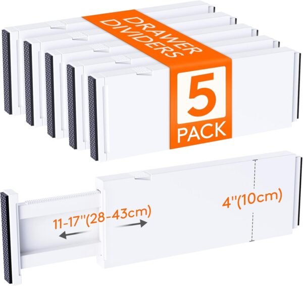 5 Pack Drawer Dividers Plastic 10cm High, 28-43cm Adjustable Drawer Organisers for Clothes, Expandable Dresser Partitions in Bedroom/Bathroom/Kitchen/Office Organization and Storage