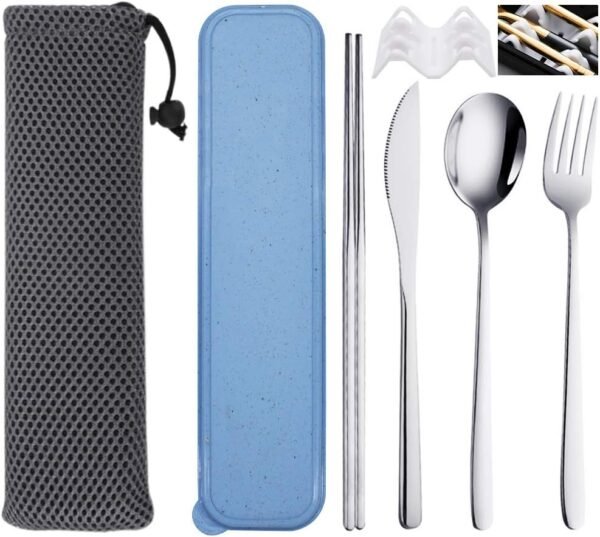 4 Pcs Portable Stainless Steel Flatware Set, Travel Reusable Lunch Utensils with Storage Case and Bag, Knife Fork Spoon Chopsticks Set for Office, School, Travel, Camping, Picnic(Sliver)