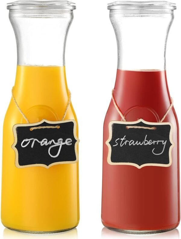Set of 2 Glass Carafe with Lid, 1 Liter Beverage Serveware Carafe, Clear Glass Pitcher for Mimosa Bar, Brunch, Cold Water, Juice, Milk, Iced Tea, Lemonade