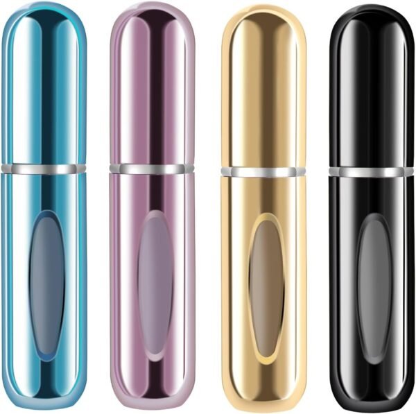 Mini Refillable Perfume Portable Atomizer Bottle Refillable Perfume Spray, 5ml, 4 Pack, Aluminum & Glass, Blue, Gold, Black, Easy Refill, Travel-Friendly