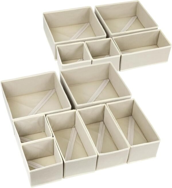 12 Pack Drawer Organiser, Storage Box with 7 Dividers, Foldable Drawer Organisers for Clothing, Underwear, Socks, Bra, Towels, Ties (Beige)