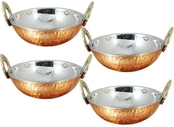 Set of 4, Pure Copper, Stainless Steel Bowls with Solid Brass Handle Serveware Accessories Karahi Pan for Indian Food,Diameter- 7 Inches