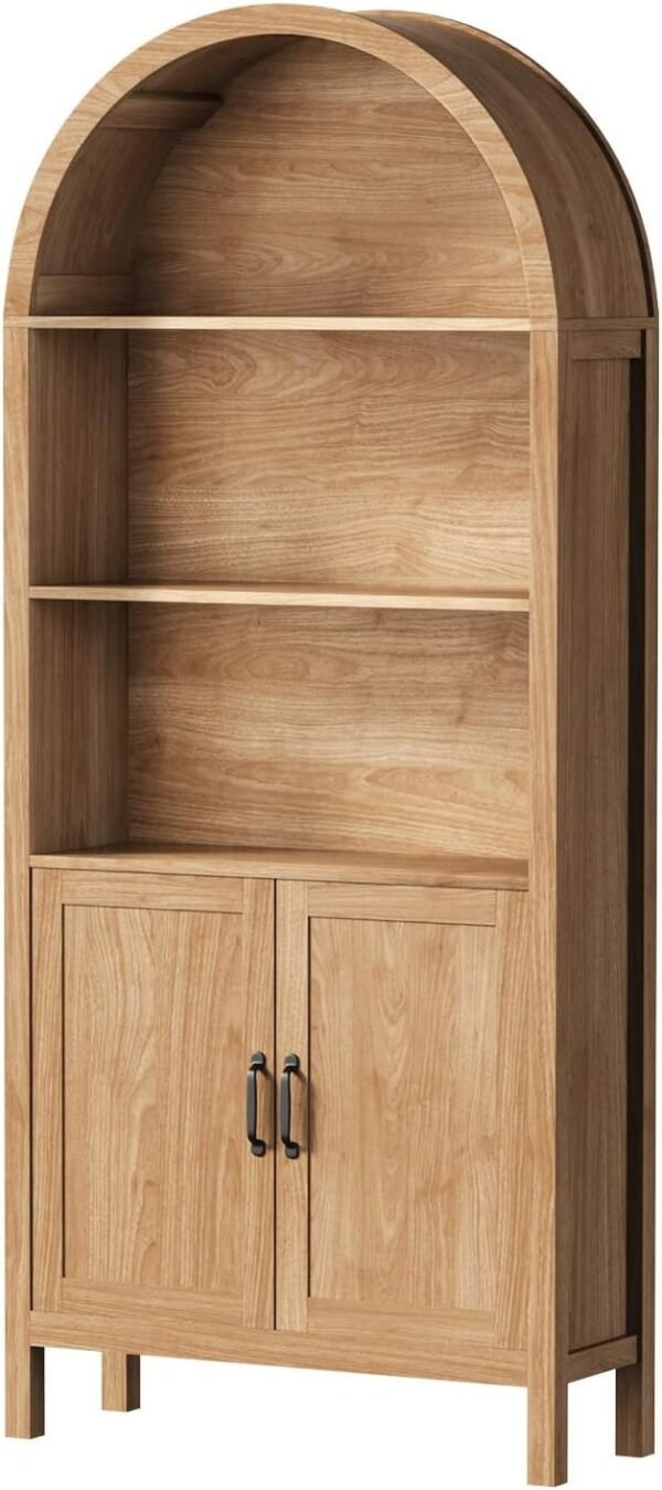 Arched Bookshelf, Natural Storage Cabinet w/3 Open Shelves&2 Doors | Arched Top, 3 Open Shelves, 2-Door Cabinet, Adjustable Shelves, Particle Board/MDF, Black Alloy Handles