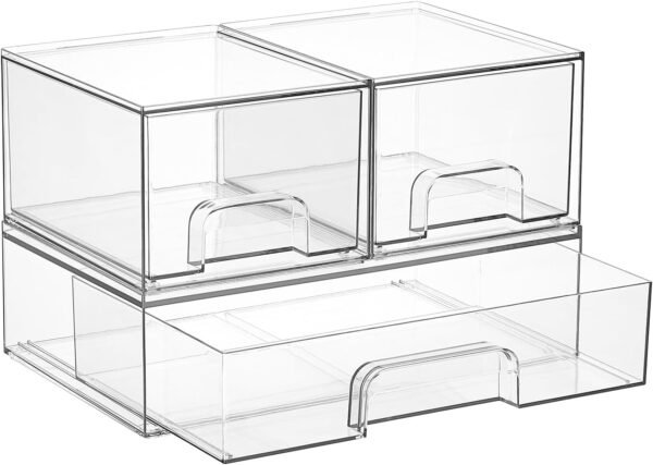Clear Stackable Storage Drawers Set of 3, Wide+Small | Acrylic Bathroom Makeup Organiser, Plastic Storage Bins for Vanity, Undersink, Kitchen Cabinets, Pantry, Home Organization