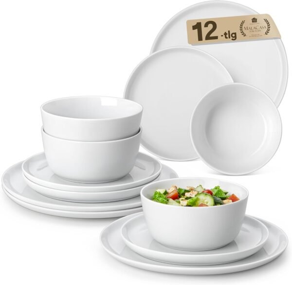 12 Pieces Gourmet Porcelain Dinnerware Sets, Premium Plates and Bowls Set, High-Fired Ceramic Dishes Set for 4, Chip & Scratch Resistant, Microwave Dishwasher Safe, White, Series LEXI