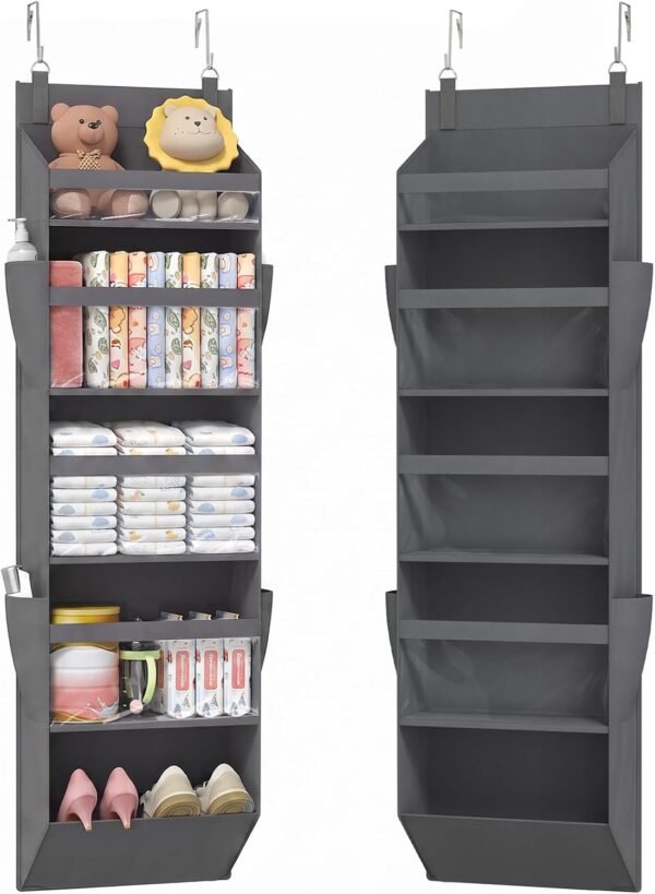 1 Pack Over the Door Organizer, 5 Shelf Clear Window Hanging Storage with 4 Mesh Side Pockets, Anti Tilt 40 lbs Load Behind Door for Pantry, Nursery, Bathroom, Bedroom, Kitchen, Dorm, Grey