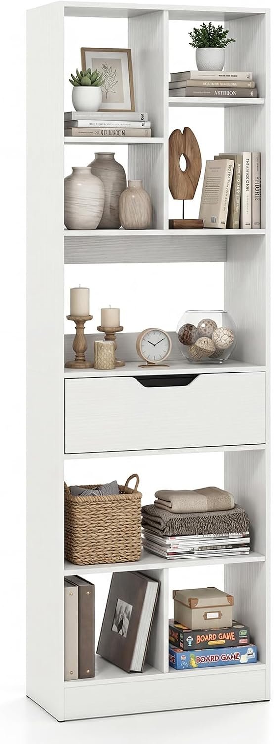 Bookcase with Drawer, Tall Freestanding Bookshelf with 8 Open Cubes, Floor Display Rack with Anti-toppling Kits, Storage Organizer for Living Room, Study, Home Office (White)