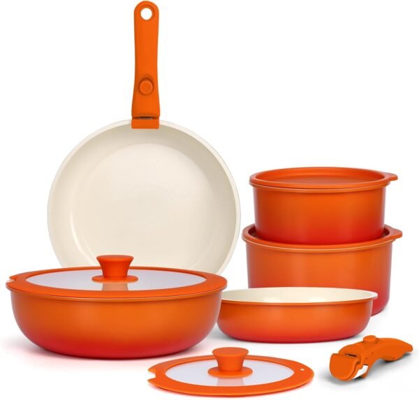 11pcs Pots and Pans Set Non Stick, Nonstick Cookware Set Detachable Handle, Pots for Cooking Non Stick with Removable Handle, RV Cookware Set, Orange Gradient