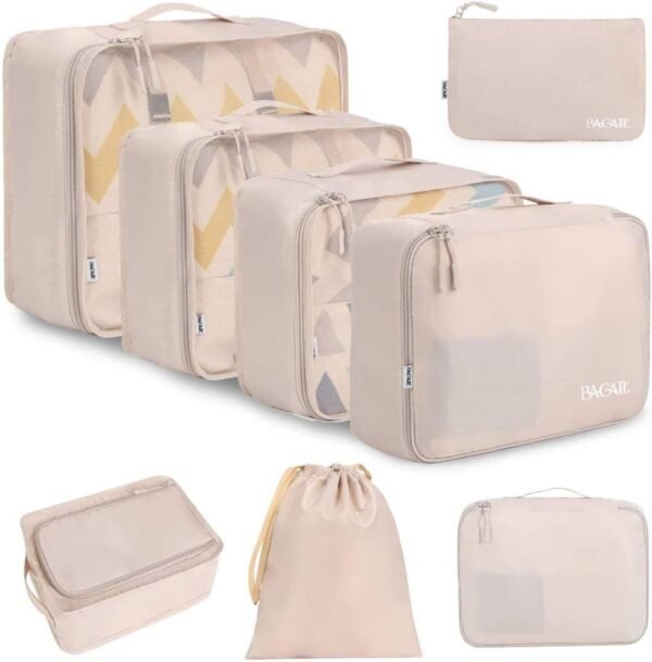 8 Set Packing Cubes, Lightweight Travel Luggage Organizers with Shoe Bag, Toiletry Bag & Laundry Bag, Beige